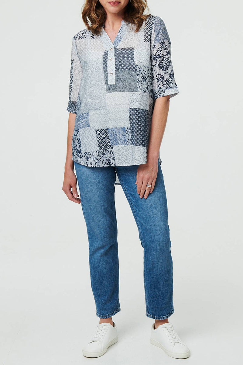 BLUE | Patchwork Print 1/2 Sleeve Tunic Blouse