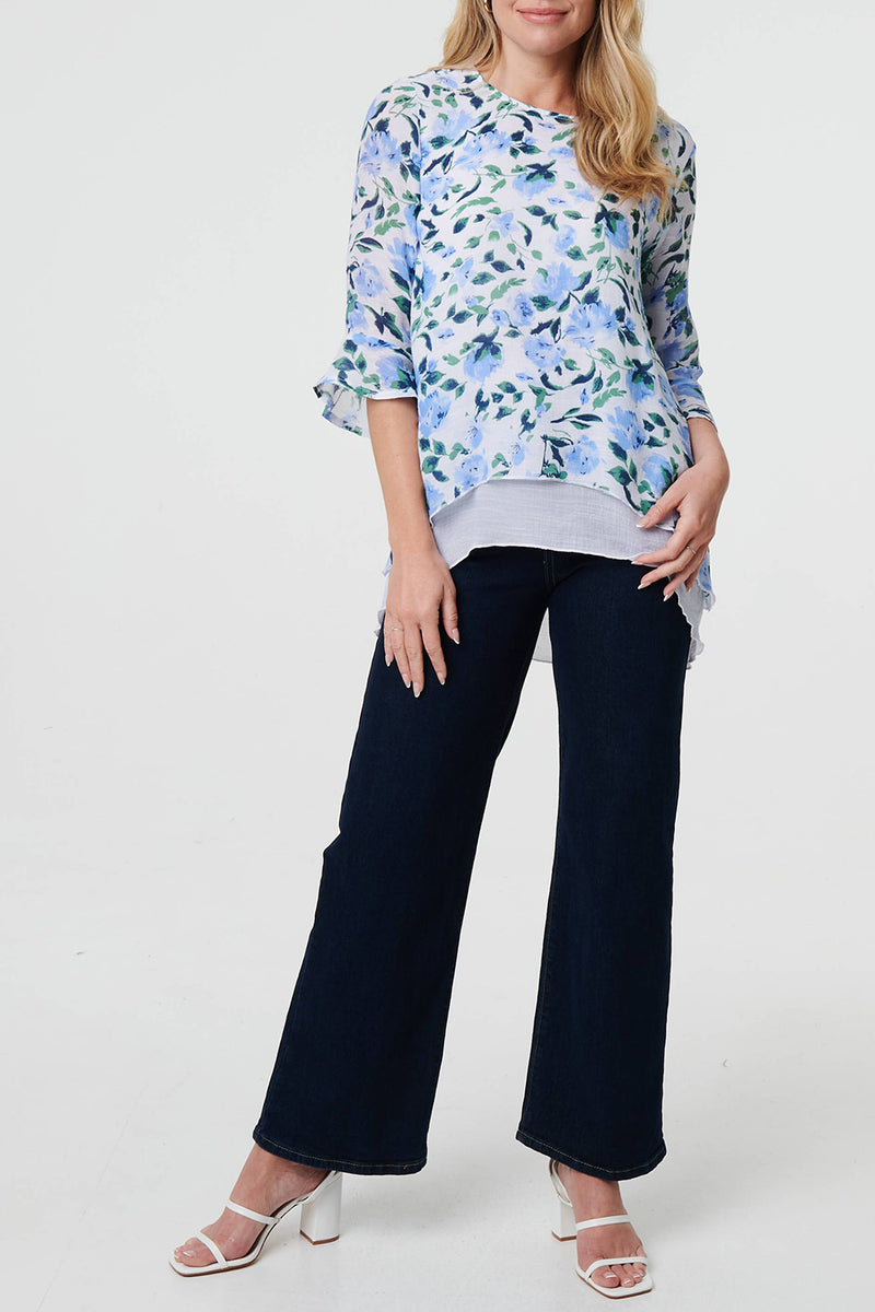 BLUE | Floral Curve Hem Layered Tunic Blouse