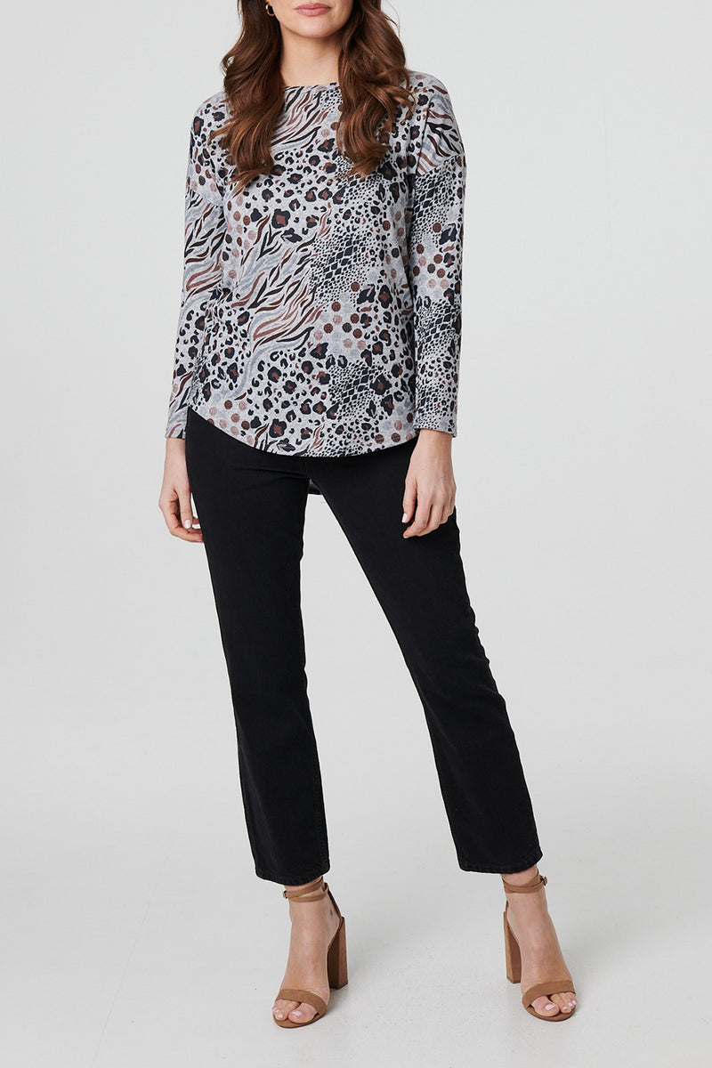 MULTI BEIGE | Animal Print Short Sleeve Curve Hem Top