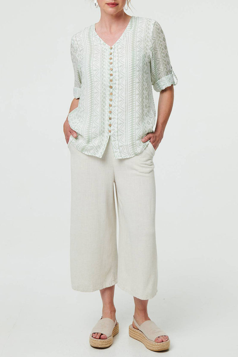 SAGE | Printed V-Neck Turn-Up 3/4 Sleeve Blouse