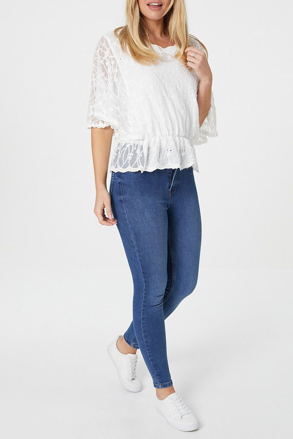 WHITE | Embroidered Semi Sheer Blouse Top