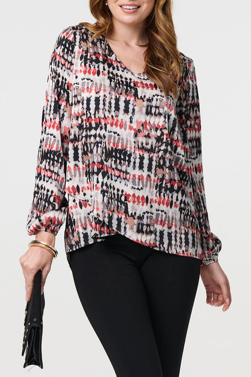 CORAL | Printed Asymmetric Long Sleeve V-Neck Top