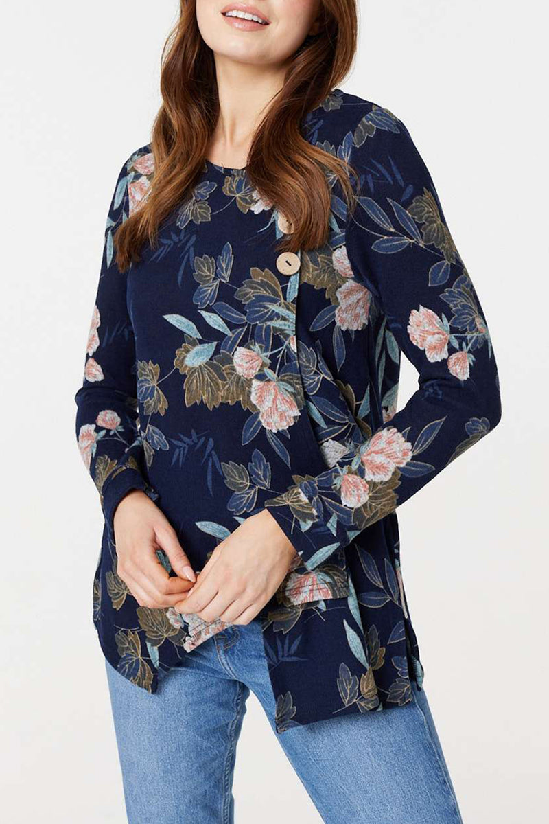 MULTI NAVY | Floral Button Detail Wrap Front Top