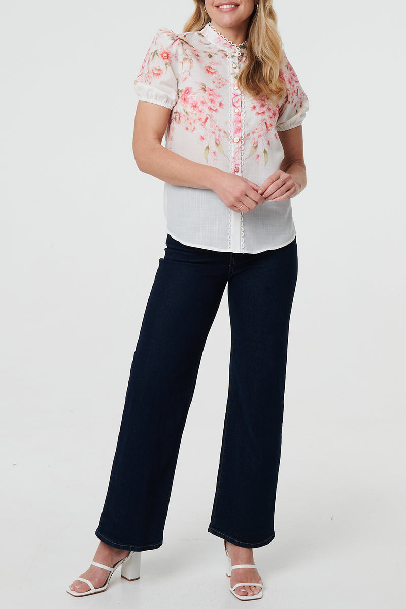 CREAM | Floral High Neck Puff Sleeve Blouse
