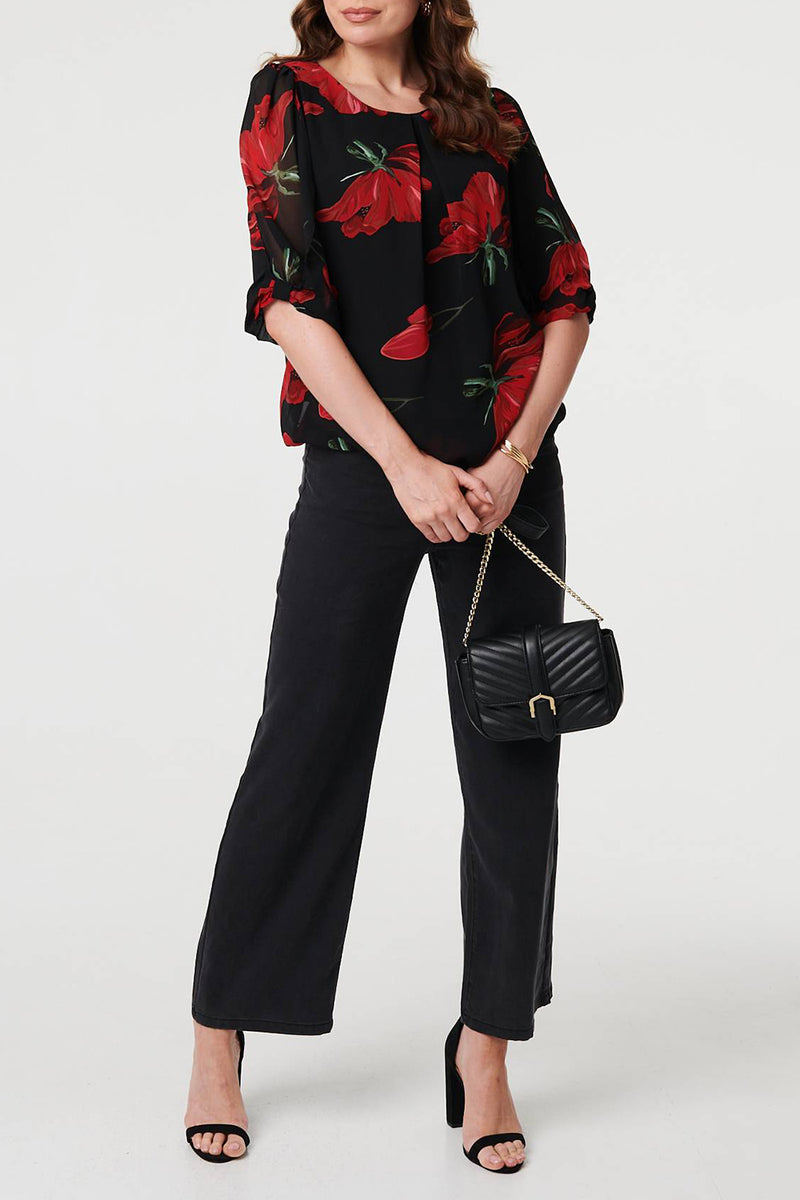 MULTI RED| Floral Print 1/2 Sleeve Blouse