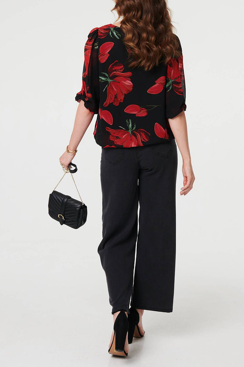 MULTI RED| Floral Print 1/2 Sleeve Blouse