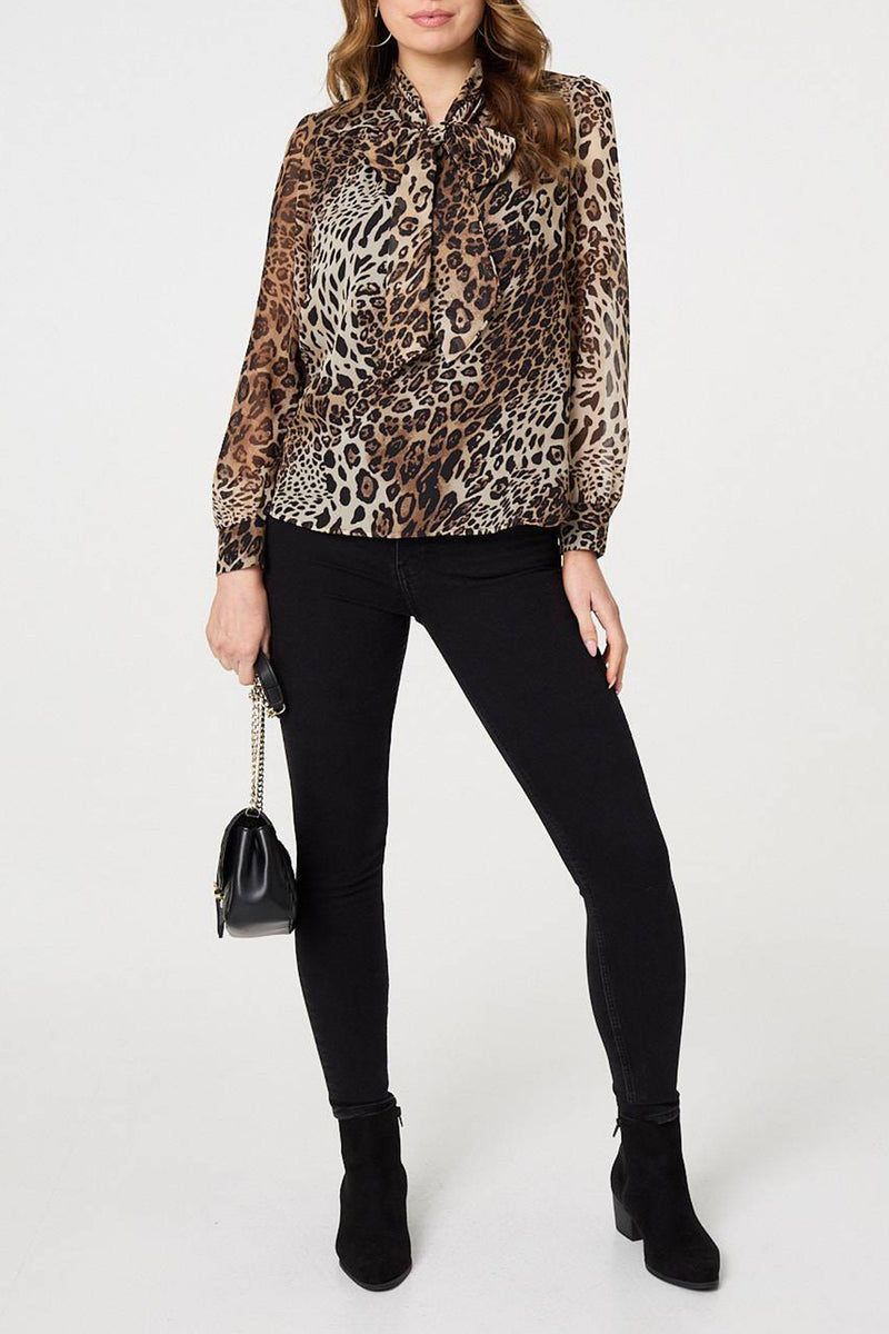 MULTI BEIGE | Animal Print Tie Neck Blouse