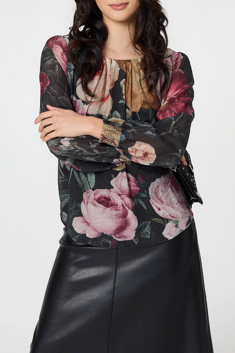 MULTI BLACK | Floral Ruched Semi Sheer Blouse