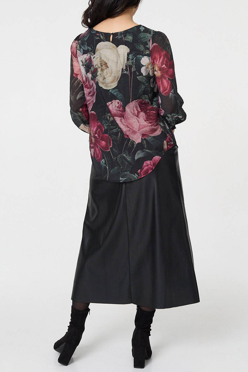 MULTI BLACK | Floral Ruched Semi Sheer Blouse