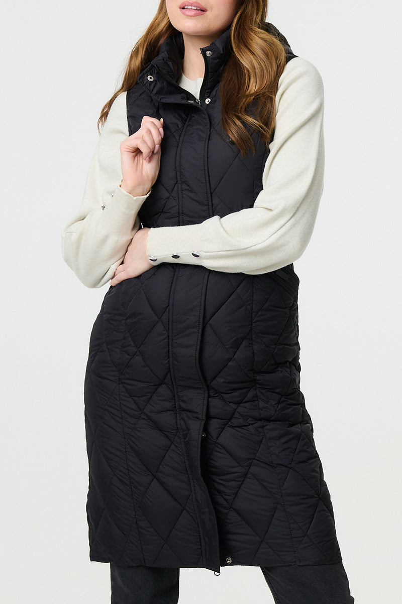 BLACK | Hooded Sleeveless Longline Puffer Gilet