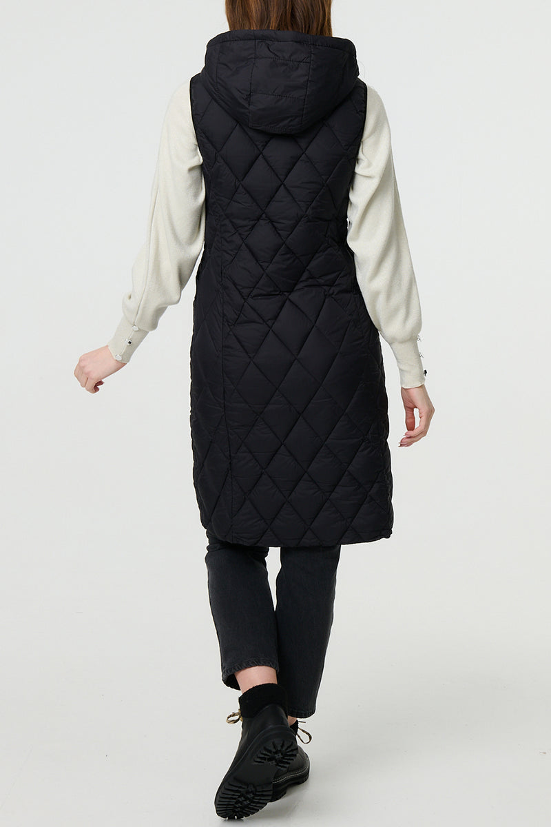 BLACK | Hooded Sleeveless Longline Puffer Gilet