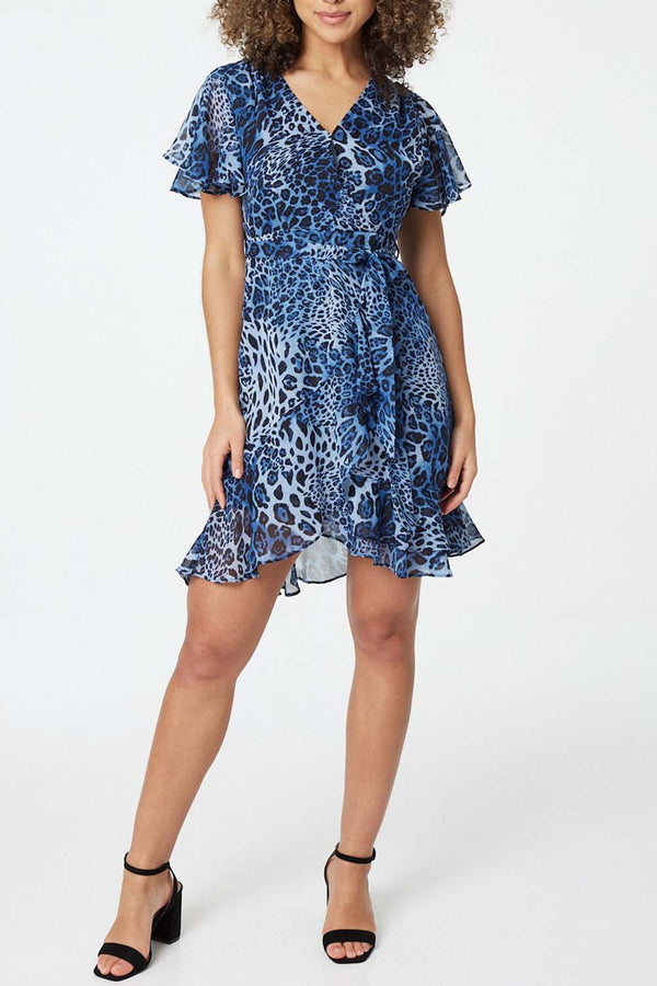 Multi Blue | Leopard Print Short Wrap Dress