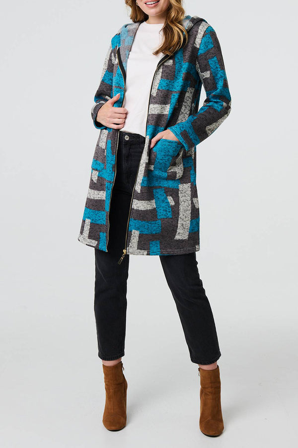 GREY | Geo Print Longline Hooded Knit Coat