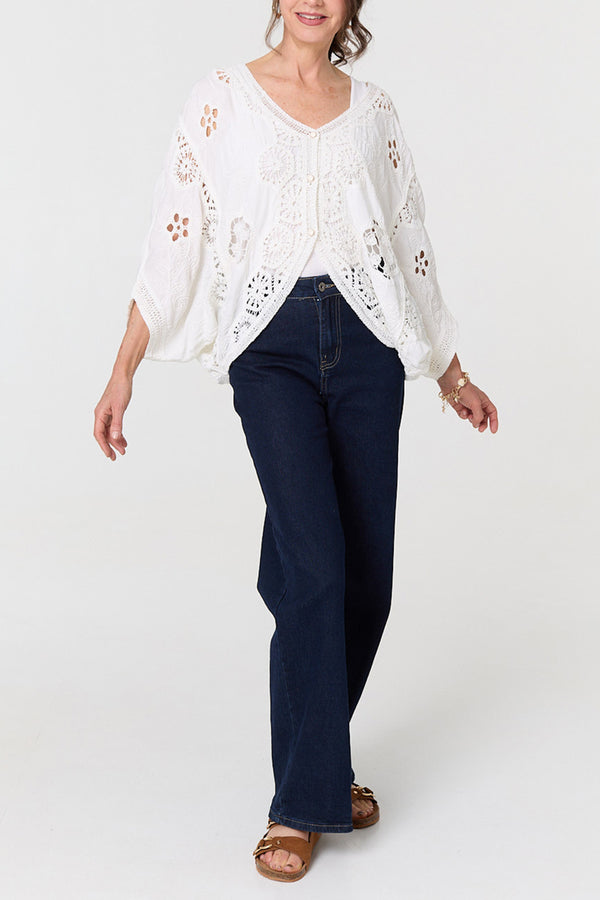 Cream | Crochet Texture Batwing Relaxed Cardigan