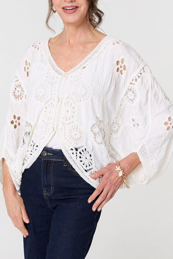 Cream | Crochet Texture Batwing Relaxed Cardigan