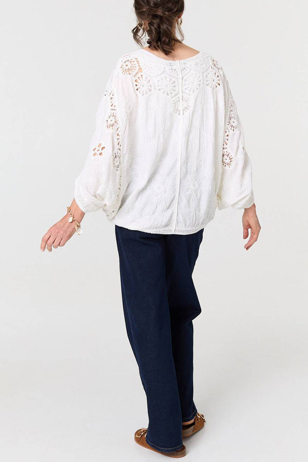 Cream | Crochet Texture Batwing Relaxed Cardigan