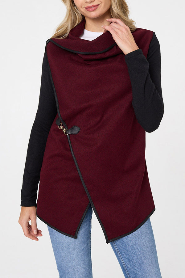 Wine | Colour Block Asymmetric Buckled Jacket