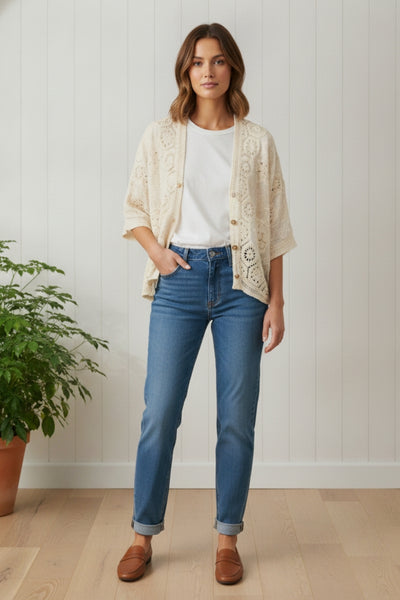 Crochet Texture 3/4 Sleeve Cardigan| BEIGE