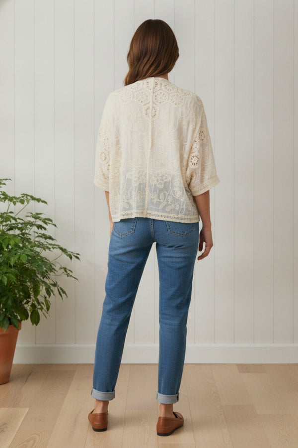 Crochet Texture 3/4 Sleeve Cardigan| BEIGE