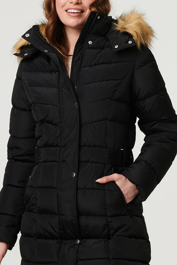 Black | Faux Fur Trim Hooded Long Puffer Jacket