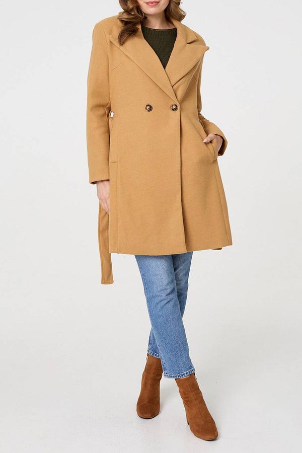 CAMEL | Tie Waist Longline Collared Trench Coat