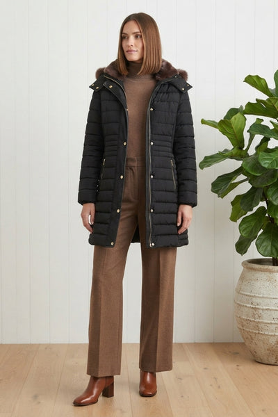 Faux Fur Hooded Longline Puffer Jacket| BLACK