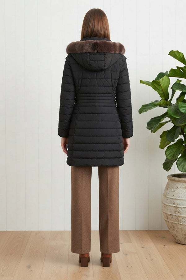 Faux Fur Hooded Longline Puffer Jacket| BLACK