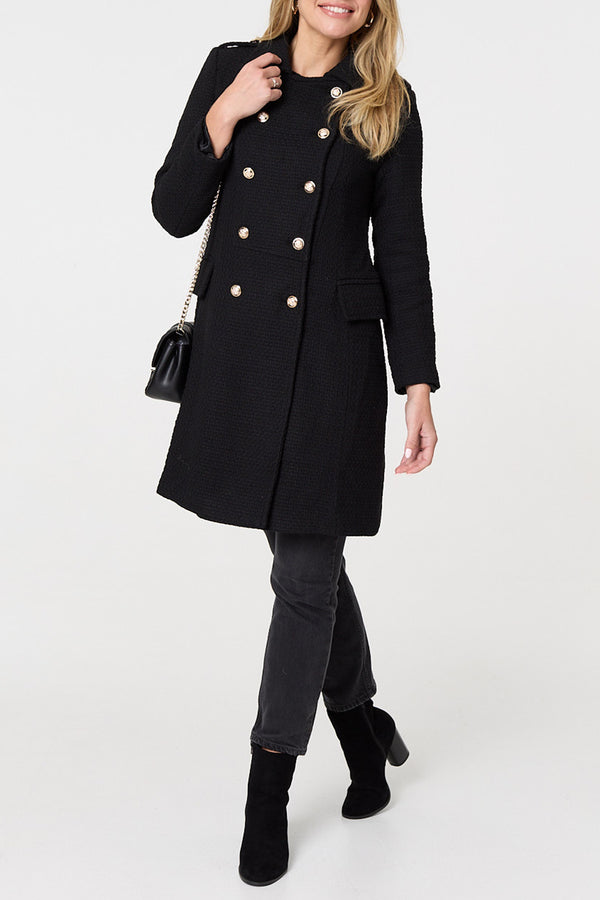 BLACK | Textured Knit Double Breasted Long Coat