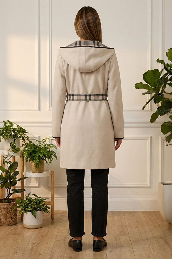 BEIGE | Checked Tie Waist Open Front Coat