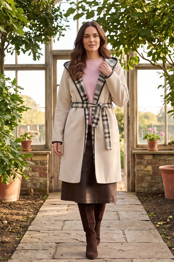 BEIGE | Checked Tie Waist Open Front Coat