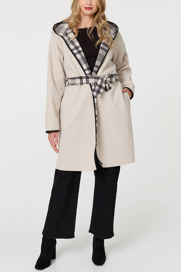 BEIGE | Checked Tie Waist Open Front Coat