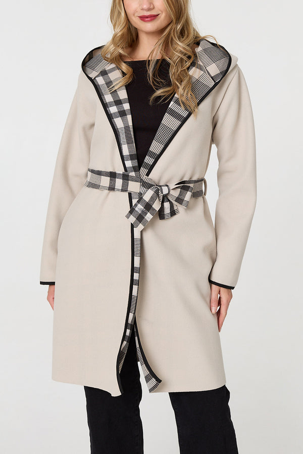 BEIGE | Checked Tie Waist Open Front Coat