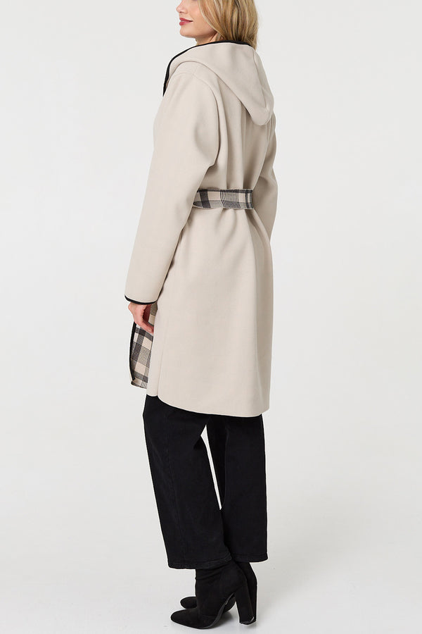 BEIGE | Checked Tie Waist Open Front Coat