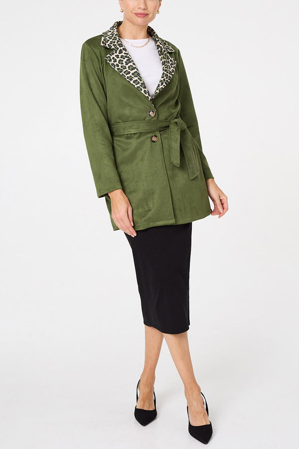 GREEN | Suedette Animal Print Tie Up Trench Coat