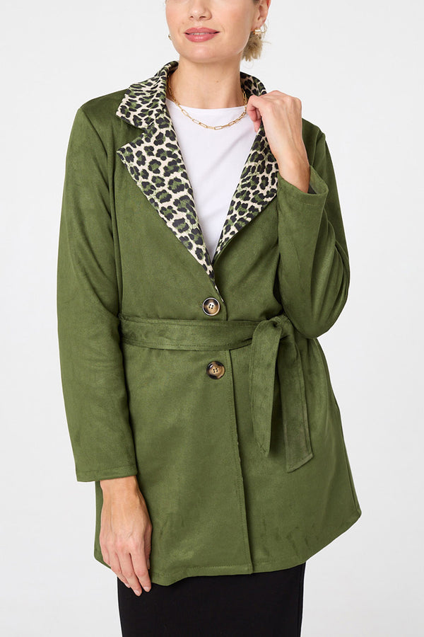 GREEN | Suedette Animal Print Tie Up Trench Coat