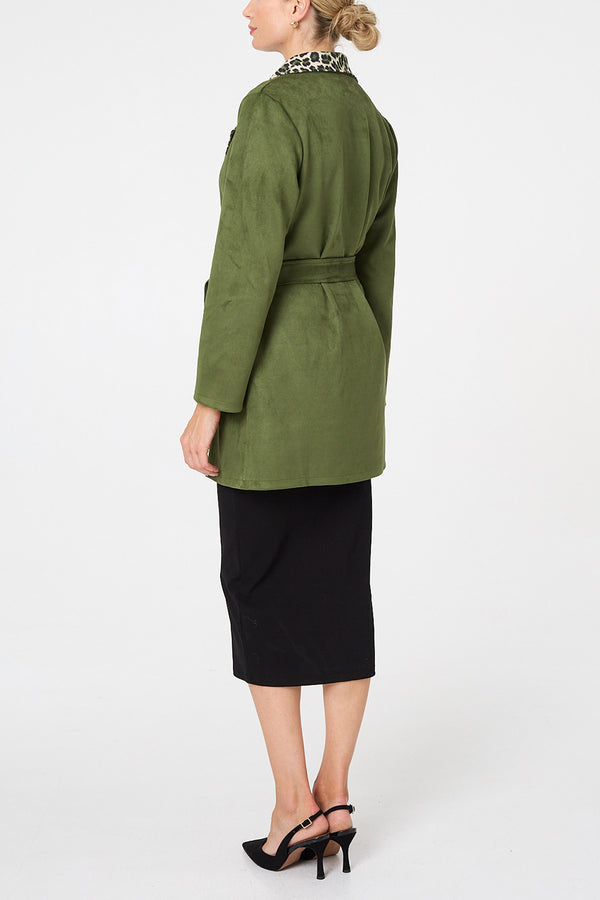 GREEN | Suedette Animal Print Tie Up Trench Coat