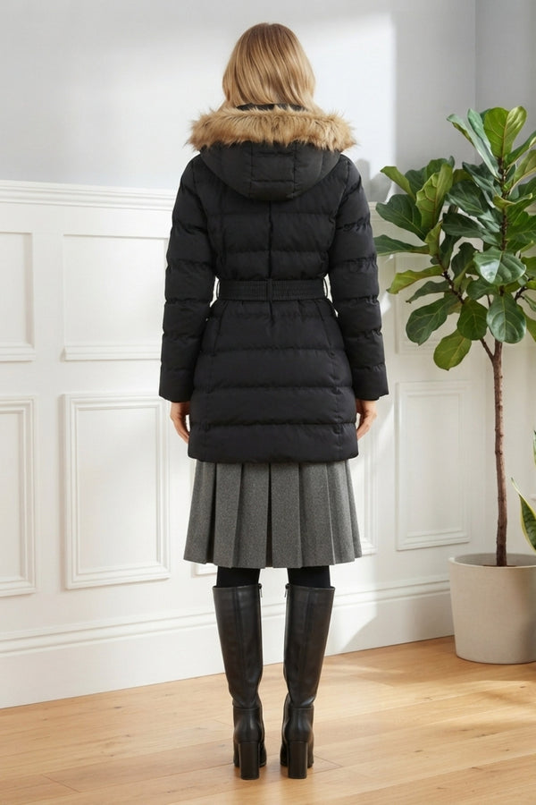 Faux Fur Hooded Belt Waist Puffer Jacket| BLACK