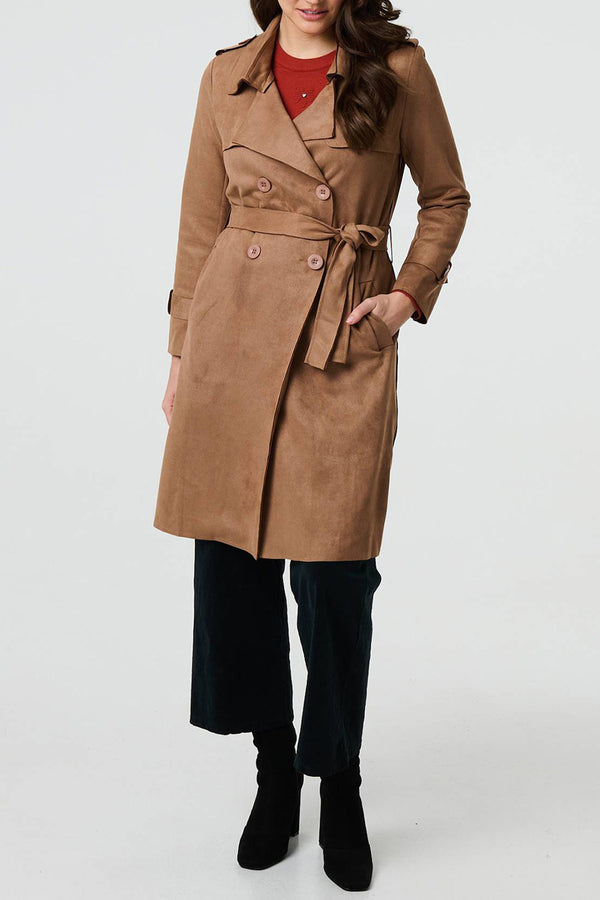 Camel | Faux Suede Tie Waist Long Trench Coat