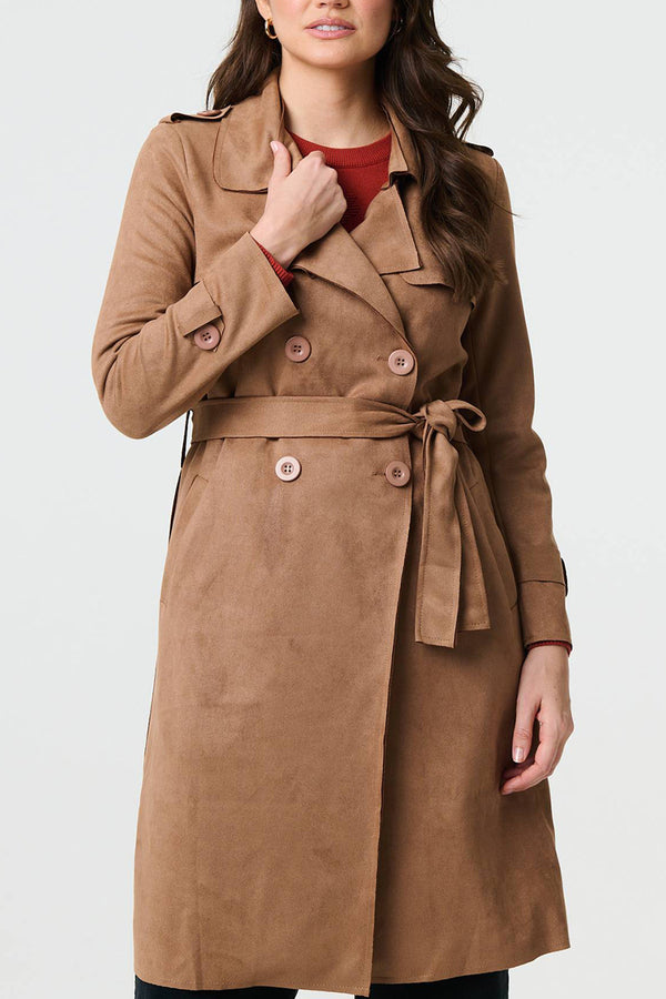 Camel | Faux Suede Tie Waist Long Trench Coat