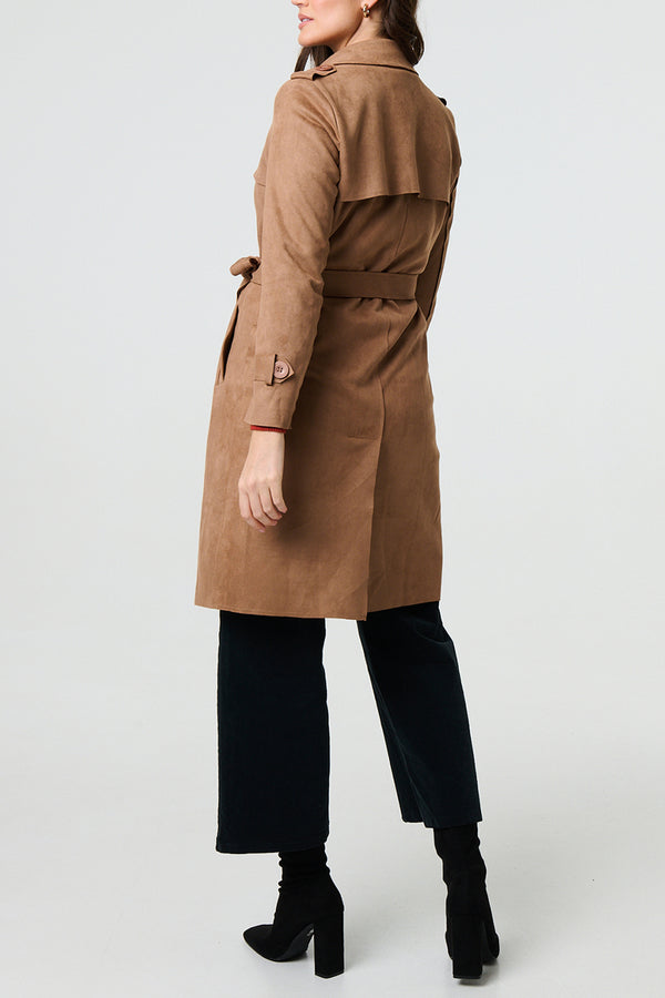 Camel | Faux Suede Tie Waist Long Trench Coat