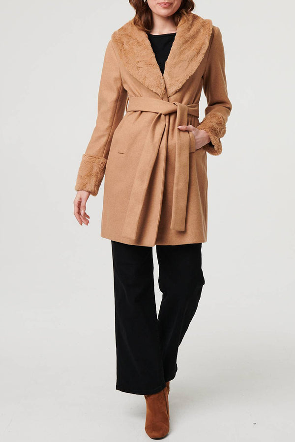 BEIGE | Faux Fur Trim Tie Waist Longline Coat