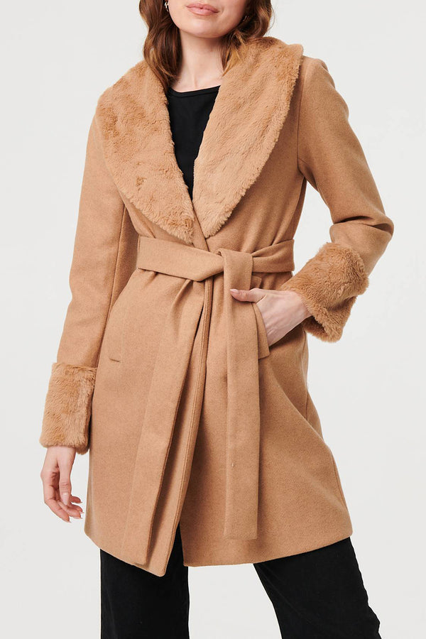 BEIGE | Faux Fur Trim Tie Waist Longline Coat