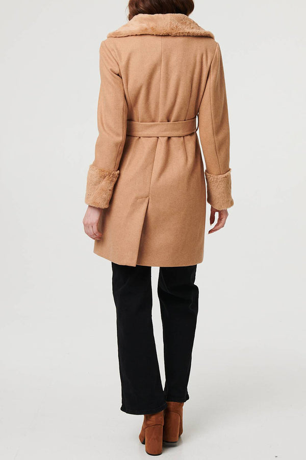 BEIGE | Faux Fur Trim Tie Waist Longline Coat