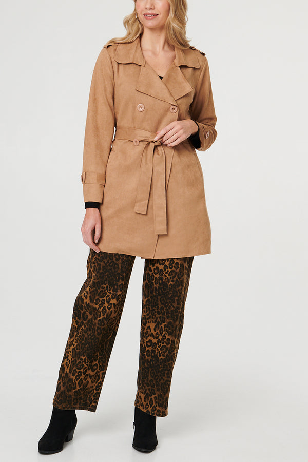 BEIGE | Faux Suede Tie Waist Trench Coat
