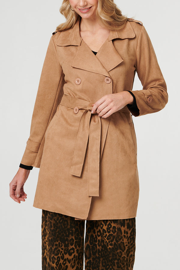 BEIGE | Faux Suede Tie Waist Trench Coat