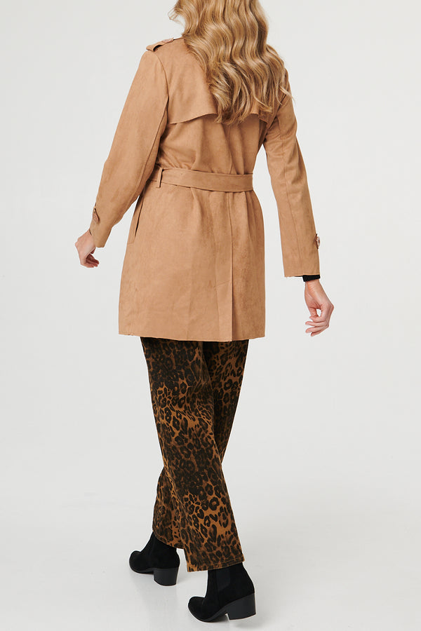 BEIGE | Faux Suede Tie Waist Trench Coat