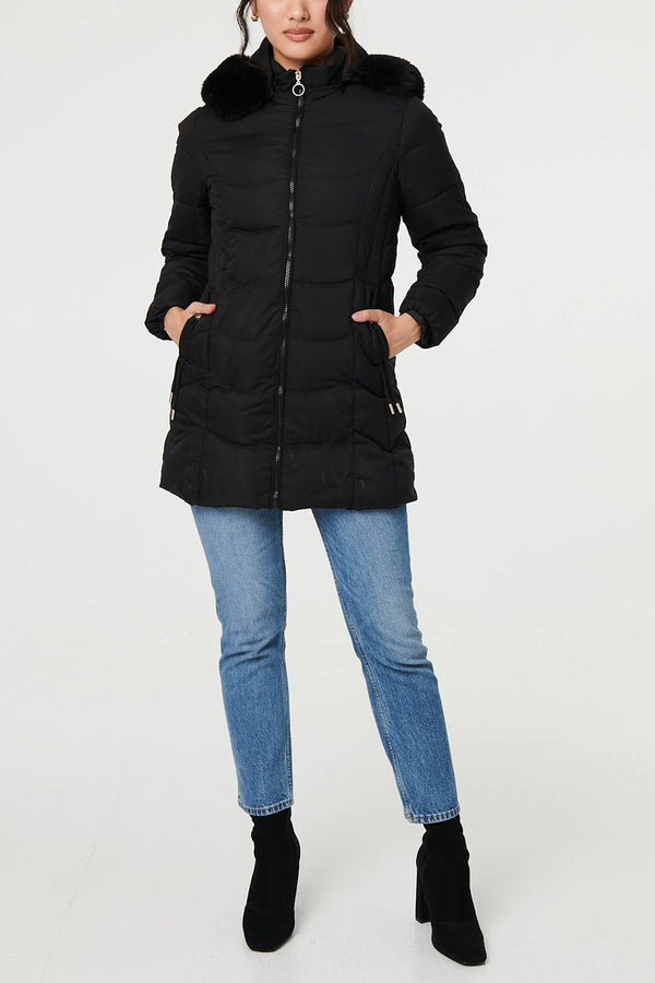 BLACK | Padded Faux Fur Trim Hood Puffer Jacket