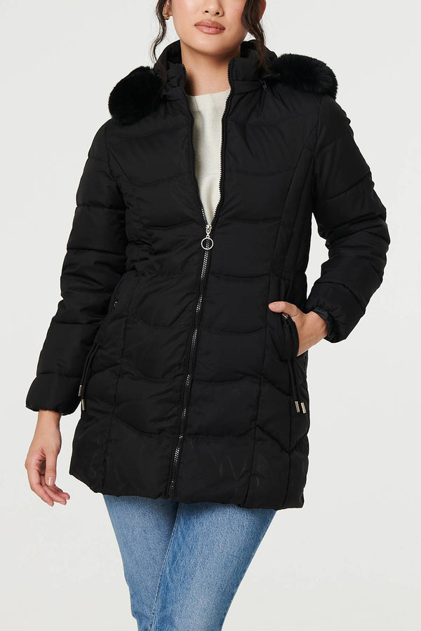 BLACK | Padded Faux Fur Trim Hood Puffer Jacket