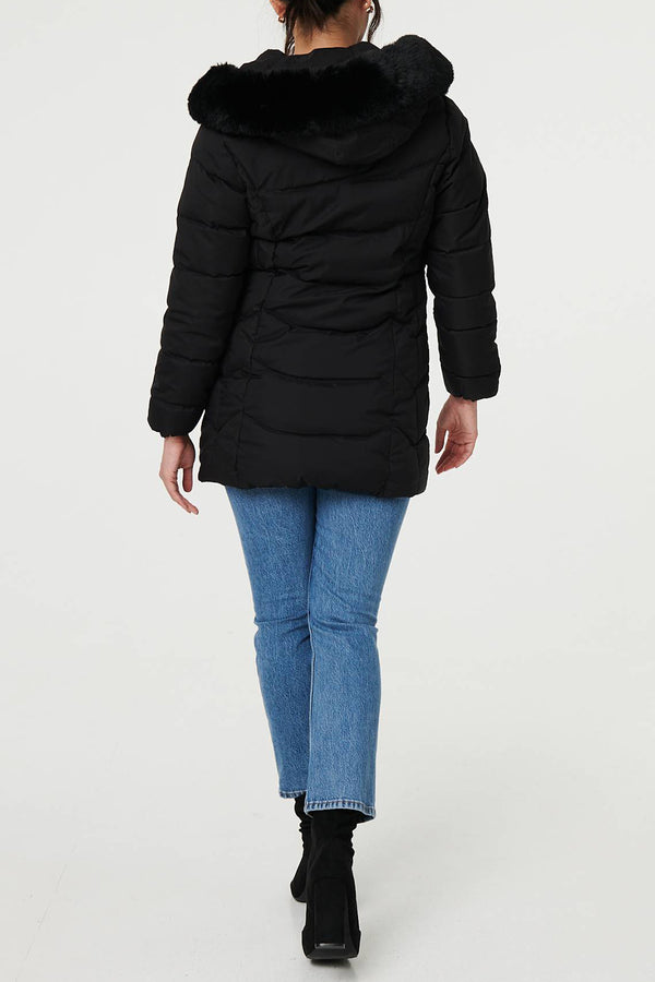 BLACK | Padded Faux Fur Trim Hood Puffer Jacket