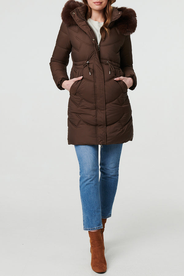 BROWN | Faux Fur Hood Longline Padded Jacket